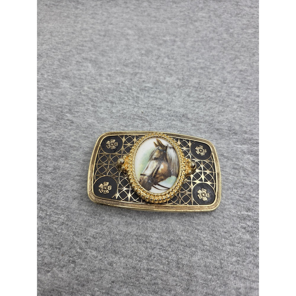 Horse Stallion Equestrian Cameo Black Gold Western Belt Buckle